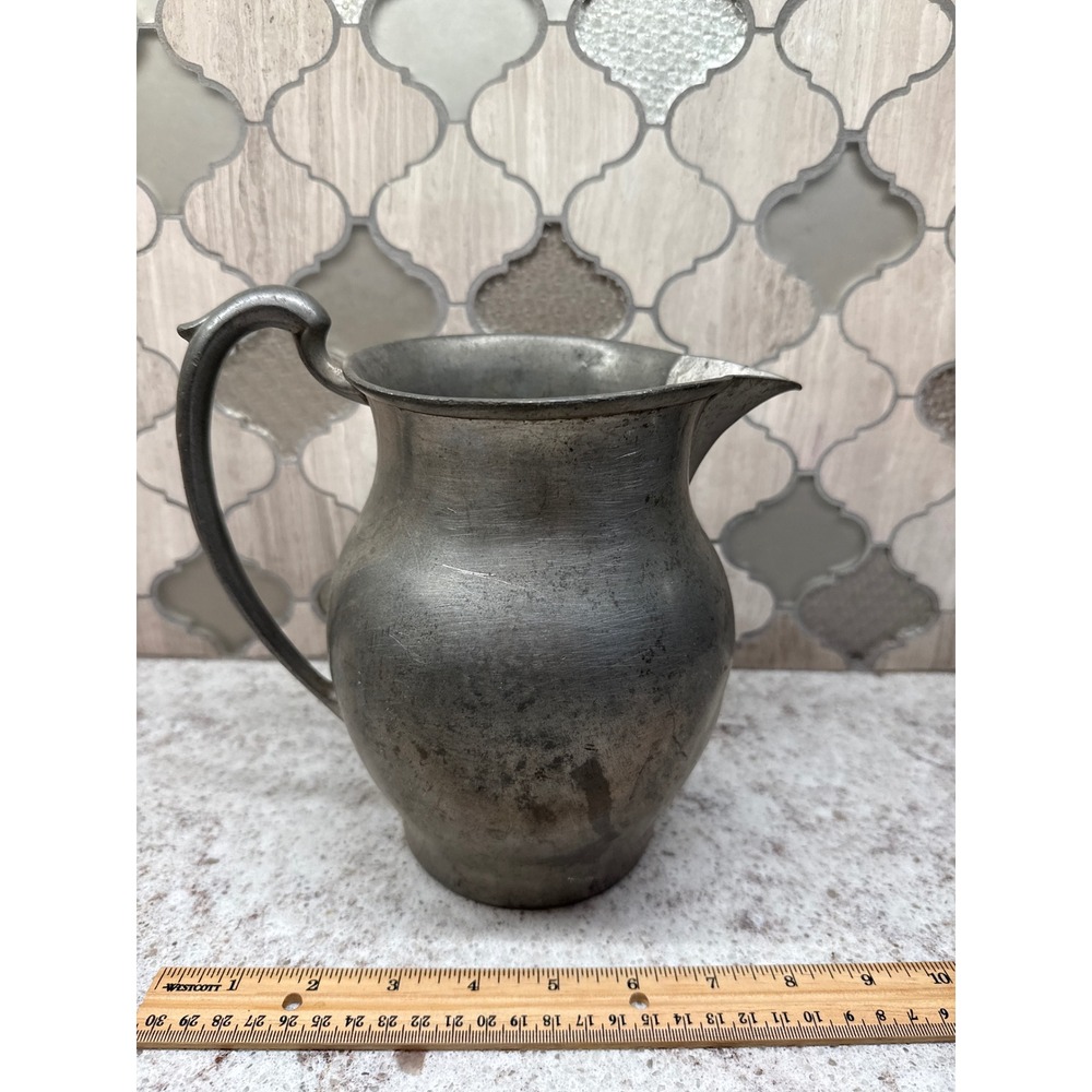Antique Pewter Pitcher 3444 Hallmarked Primitive Farmhouse Decor 8 Inch Silver